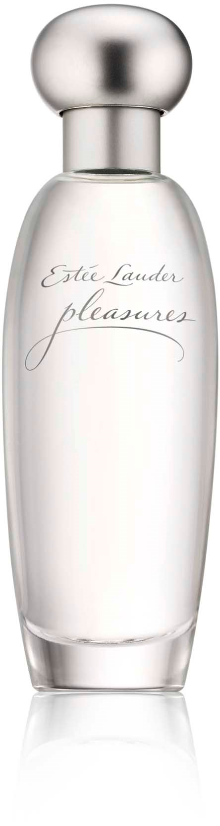 Een lange, witte parfumfles met een ronde zilveren dop. Het heeft elegante cursieve tekst die zegt "Estée Lauder pleasures."