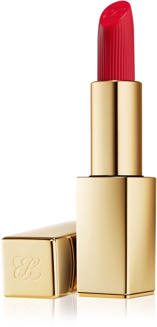 Rood lippenstift in een gouden huls, met de dop naast het. Lippenstift is opgedraaid, klaar voor gebruik.