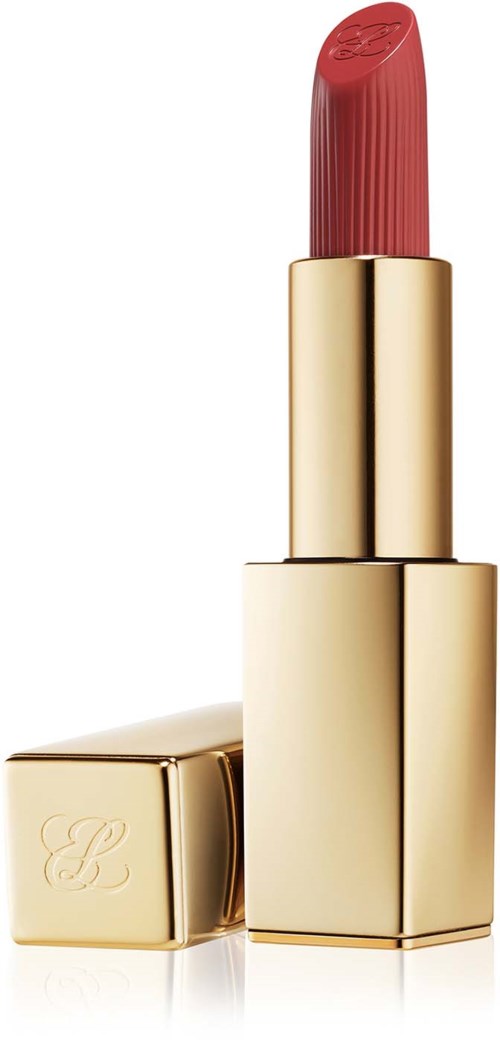 Een rode lipstick met een gouden huls staat rechtop, met deksel ernaast.