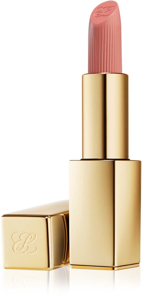 Ein pinker Lippenstift in einer glänzenden Goldhülle, ohne Deckel, zeigt den Lippenstift. Der Deckel hat einen kursiven Buchstaben 'B'.