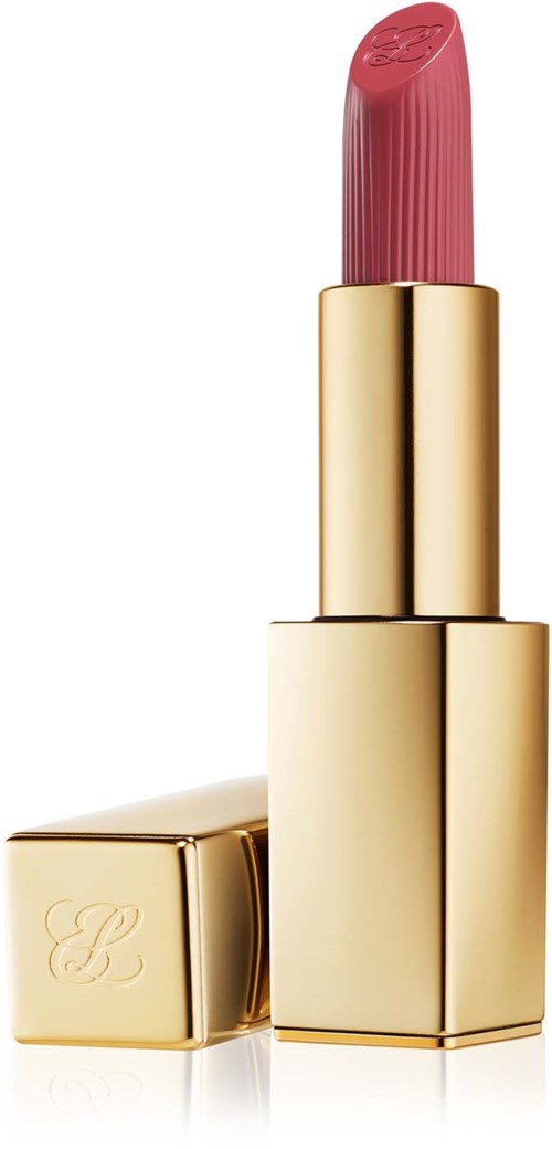 Een goudkleurige lipstick met roze lipstick erin, staand rechtop, met deksel vooraan.