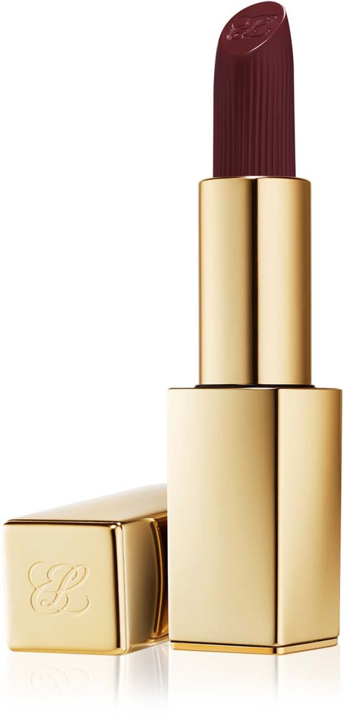 Een rode lippenstift in een glanzende gouden houder met deksel naast. Het merklogo staat op de deksel.