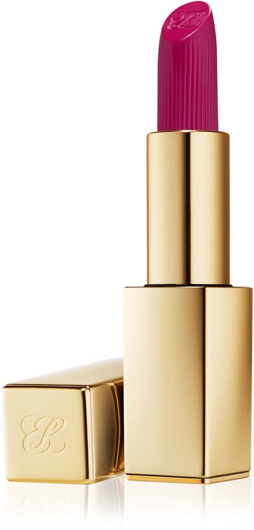 Ein pinker Lippenstift in einer glänzenden Goldhülse mit daneben liegendem Deckel.