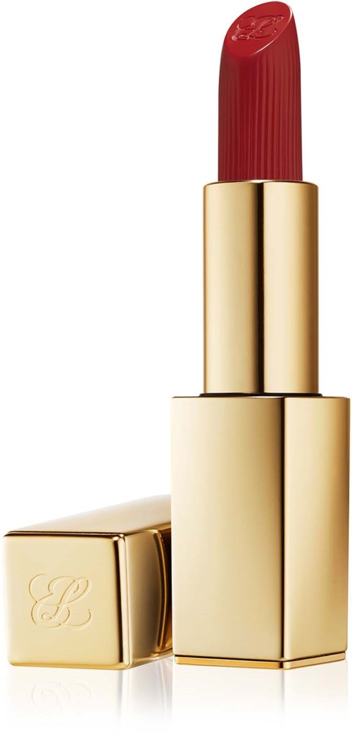 Ein roter Lippenstift in einem glänzenden Goldhülsen, mit abgelegtem Deckel.