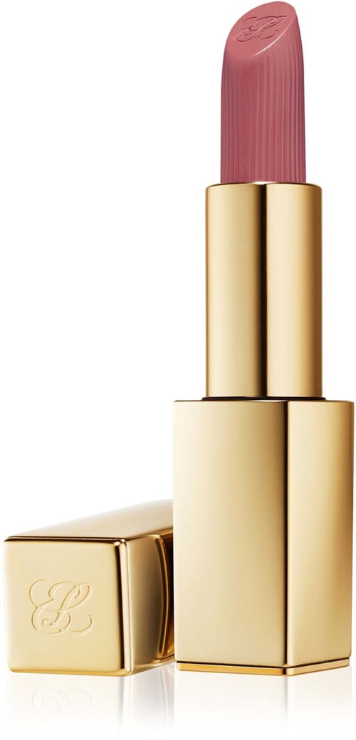 Een gouden lippenstift met roze lipstick zichtbaar, staand rechtop, met de deksel ernaast.