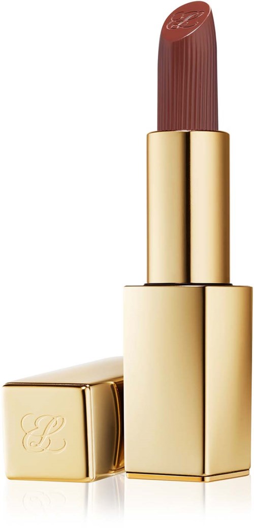 Gouden lippenstift met een bruinrode kleur, rechtopstaand met de deksel ernaast.