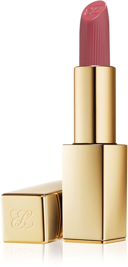 Gouden lippenstiftomslag met roze lippenstift erin, deksel met een 'B' gegraveerd, elegant en glanzend.