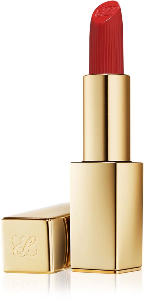 Een rode lippenstift met een glanzend gouden behuizing staat rechtop, met de dop ernaast.