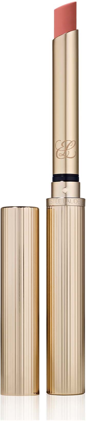 A beige lipstick tube with a pink lipstick inside, standing upright on a white background.