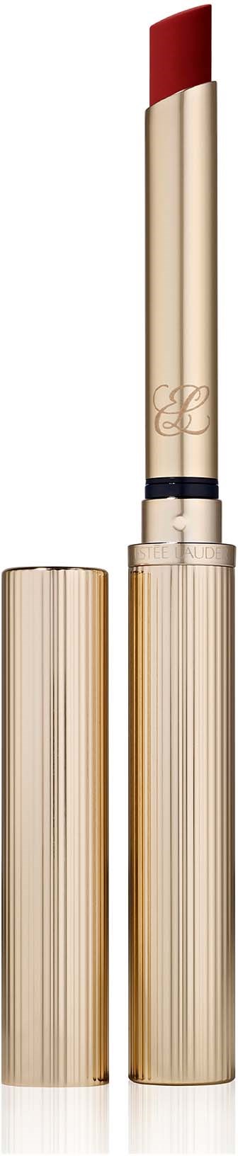 Een rode lipstick in een gouden omhulsel met kap, gedeeltelijk geopend toont de lipstick.