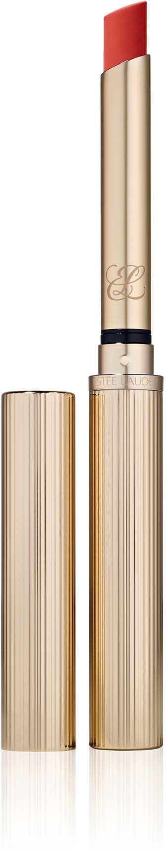 A lipstick with a gold and black case, partially open, revealing red lipstick inside.