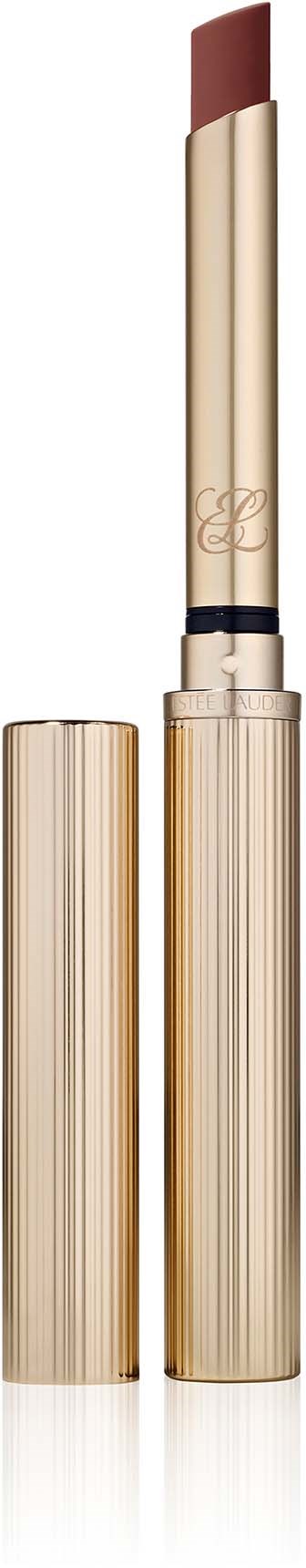 Een goudkleurige lippenstift met de dop verwijderd, toont de bruine lippenstift binnen.
