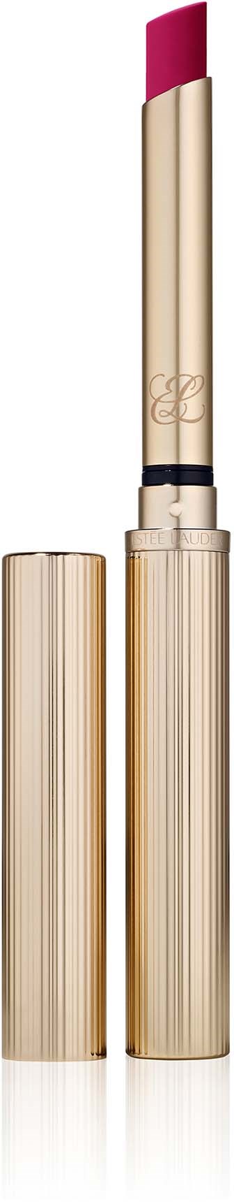 A lipstick with a gold case, opened to show pink lipstick. The case is shiny and elegant.
