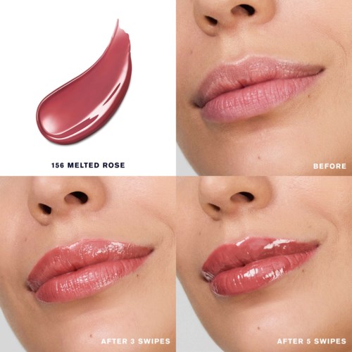 Lippenstift namens 156 Melted Rose auf Lippen, zeigt Veränderungen nach mehreren Aufträgen.
