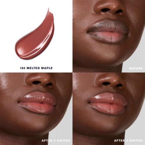 Resultaat van huidverzorging met verbeterde lippen na het gebruik van een gloss, close-up van lippen op een donkere huid. Voor en na foto's.