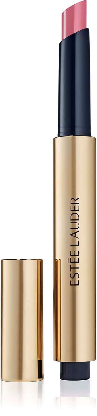 Een roze lippenstift met een zwart en goud huls, de lippenstift is uit de tube.