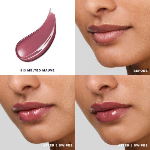 Lippenstiftkleur genaamd Melting Mauve laat een verandering zien van natuurlijke lippen naar glanzende mauve na het aanbrengen. Drie zwiepen verhogen de kleurdiepte.