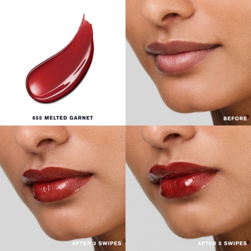Lipstickkleur genaamd Melting Garnet getoond op lippen voor en na het aanbrengen. De voorfoto toont natuurlijke lippen.