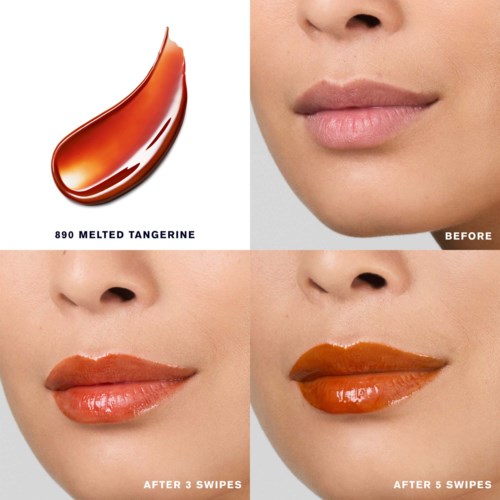 Een kleurveranderende lipstick verandert lippen van natuurlijk naar fel oranje na meerdere aanbrengen.