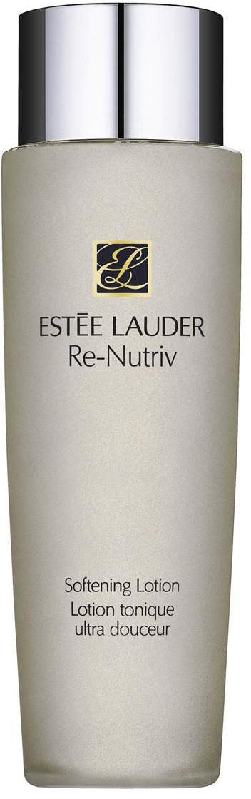 En vit flaska med silverlock, märkt Estée Lauder Re-Nutivr Mjukgörande Lotion, i enkel design.