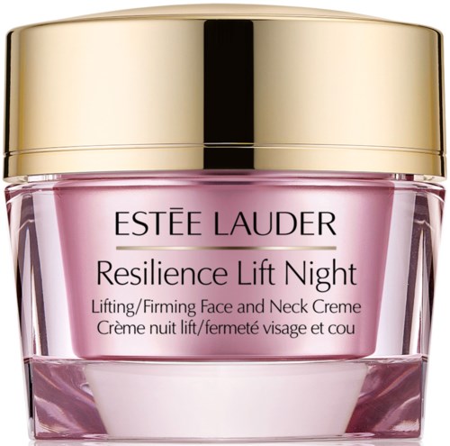 Een roze pot met een gouden deksel bevat Estée Lauder Resilience Lift Night gezichtscrème.