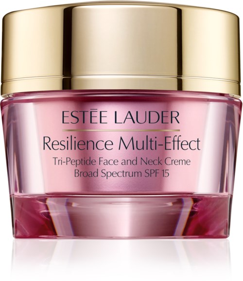 Eine rosa Glas mit goldener Kappe, zeigt Estée Lauder's Resilience Multi-Effect Gesichts- und Halscreme mit SPF 15.