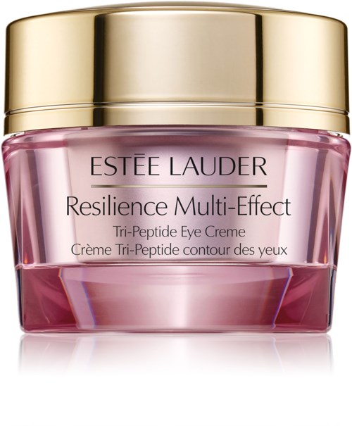 Een roze en gouden potje met Estee Lauder Resilience Multi-Effect oogcrème.