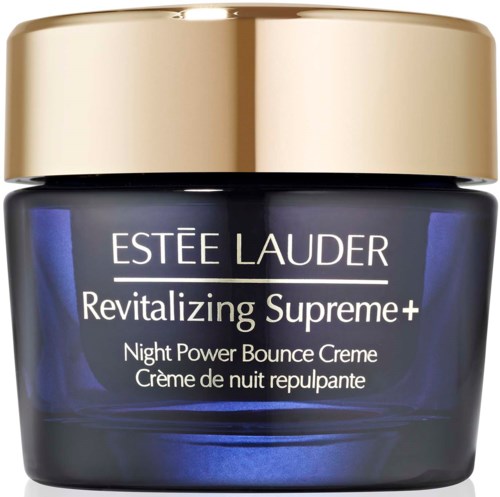 Ein dunkelblauer Behälter mit goldener Deckel, enthält Estée Lauder Revitalizing Supreme+ Nachtcreme.