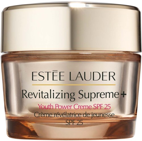 En krukke med Estée Lauder ansiktskrem med navn Revitalizing Supreme+ Youth Power Creme SPF 25, med gulllokk.