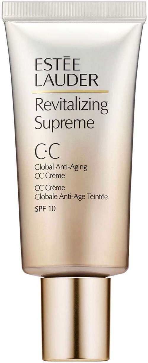 Een witte tube met gouden dop, gemerkt 'Estée Lauder Revitalizing Supreme CC Cream SPF 10.'
