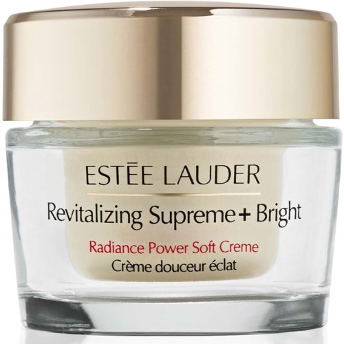 Een cosmeticablik met gouden deksel, gelabeld Estee Lauder Revitalizing Supreme+ Bright crème, toont productnaam en details.