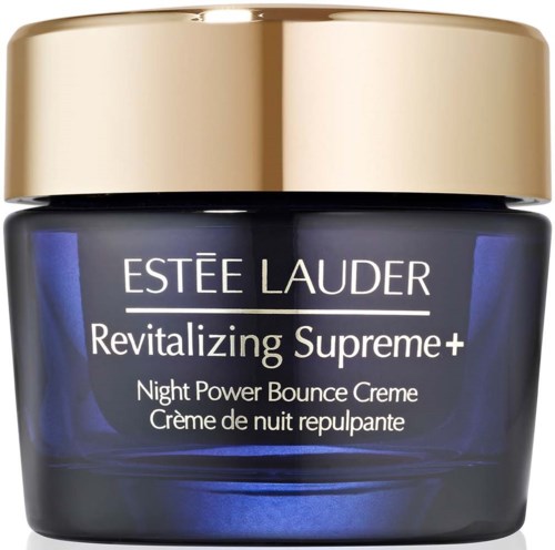 Donkerblauwe pot met gouden deksel, gemarkeerd als Estée Lauder Revitalizing Supreme+ Nachtcrème.