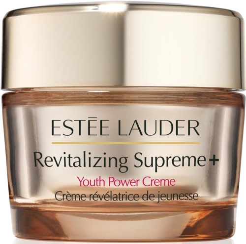 Een potje met Estée Lauder Revitalizing Supreme+ Youth Power Creme met een goudkleurige deksel en roze tekst.