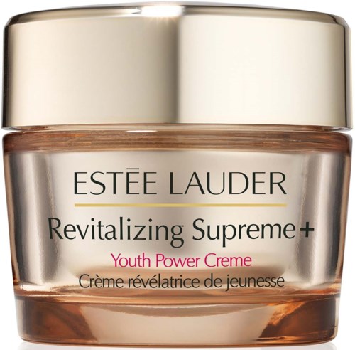 Een potje Estée Lauder Revitalizing Supreme+ Youth Power Creme met een gouden deksel en doorzichtige container.