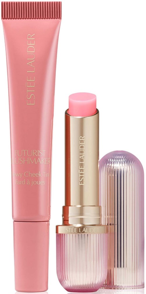 Two beauty products: a pink tube of Estée Lauder skincare and a pink lipstick in a gold and pink container.