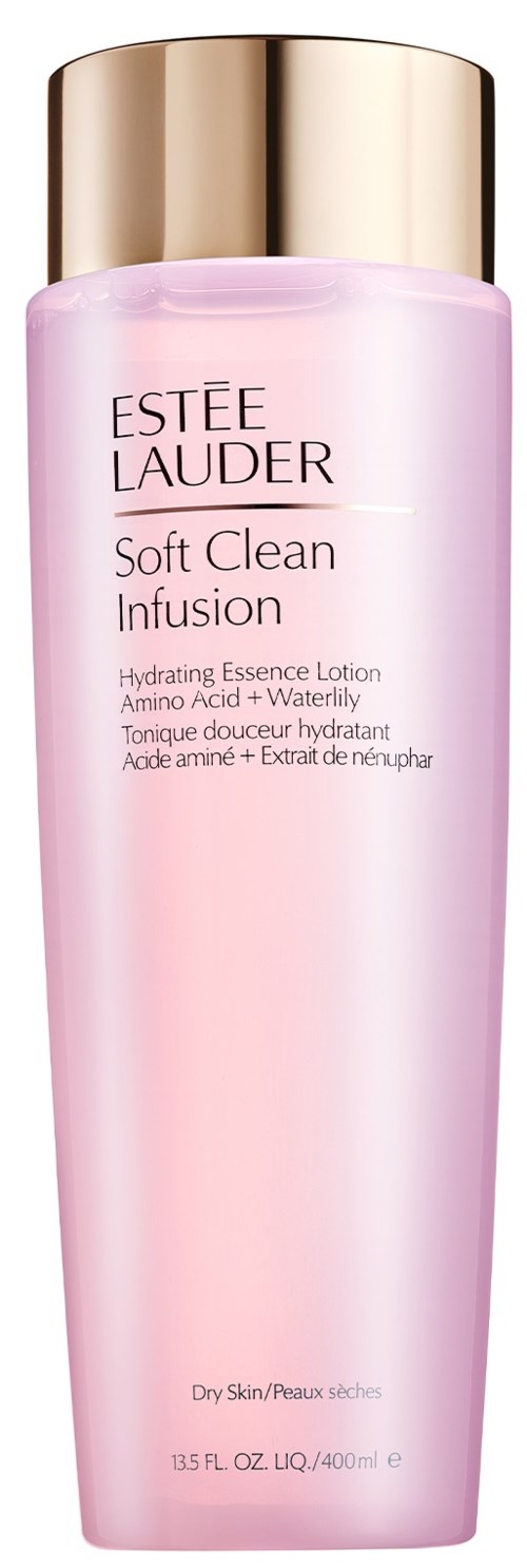 Een roze flesje van Estée Lauder Soft Clean Infusion hydraterende lotion met een gouden dop.