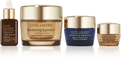 Set van Estée Lauder huidverzorgingsproducten inclusief nachtrepair, jeugdenergiecreme en revitalizing Supreme+ crèmes.
