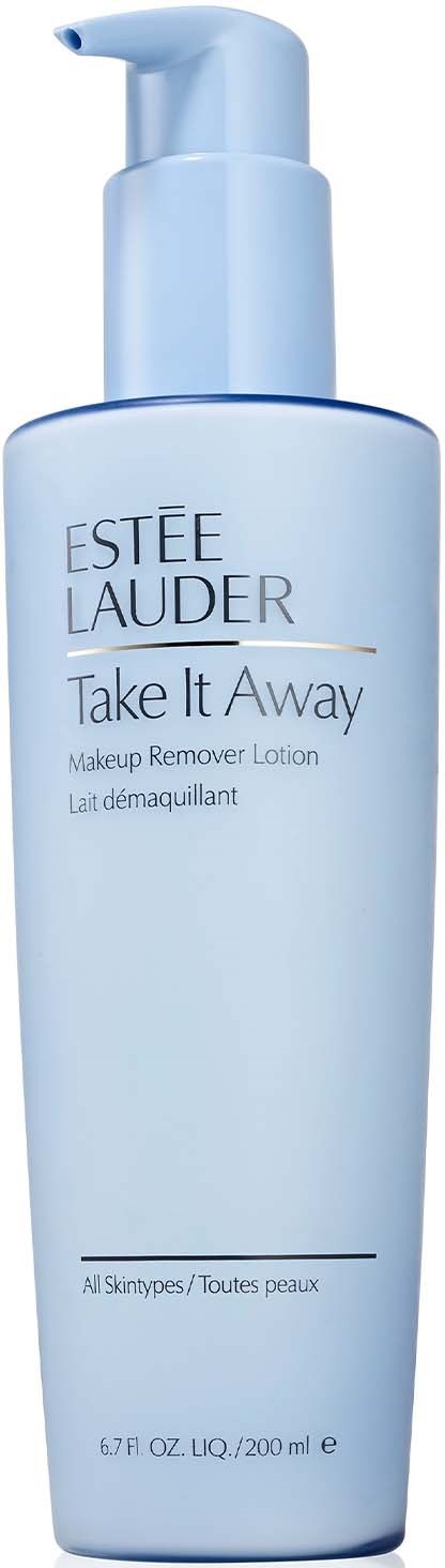 En lång, ljusblå flaska med pump, märkt Estée Lauder Take It Away makeupremoverlotion.