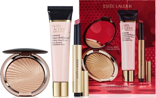 Makeup-Set mit Highlighter, rosa Lippenstift, Foundation-Röhre und rot-schwerem Verpackung mit Spiegel.