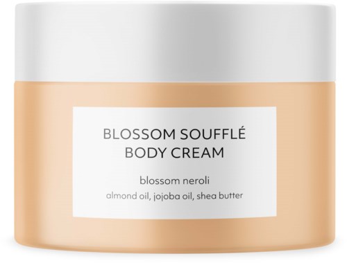 Lichaamscrème in een lichtbruine pot met witte deksel, gelabeld met geur en ingrediënten: amandelolie, jojoba-olie, sheaboter.