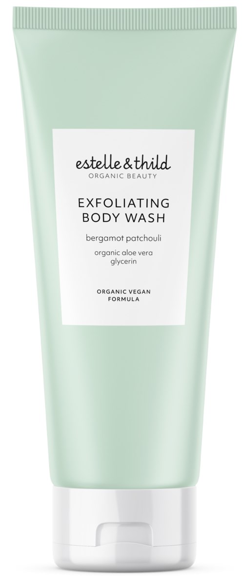 Lichtgroene tube met exfoliërende lichaamswas en witte label en dop, bevat biologische ingrediënten zoals bergamot en aloë vera.