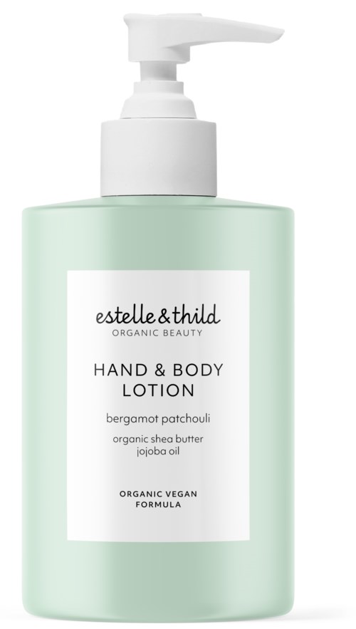 Lichtgroene fles met pomp, label 'Estelle & Thild' hand- en bodylotion, natuurlijke ingrediënten, veganistisch, biologisch.