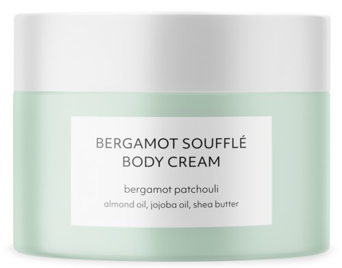 Een ronde container met lichaamscrème, lichtgroen met witte deksel, label Bergamot Soufflé.