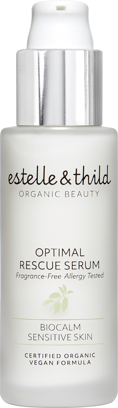 A white bottle with silver top, labeled 'Estelle & Thild' organic rescue serum for sensitive skin.