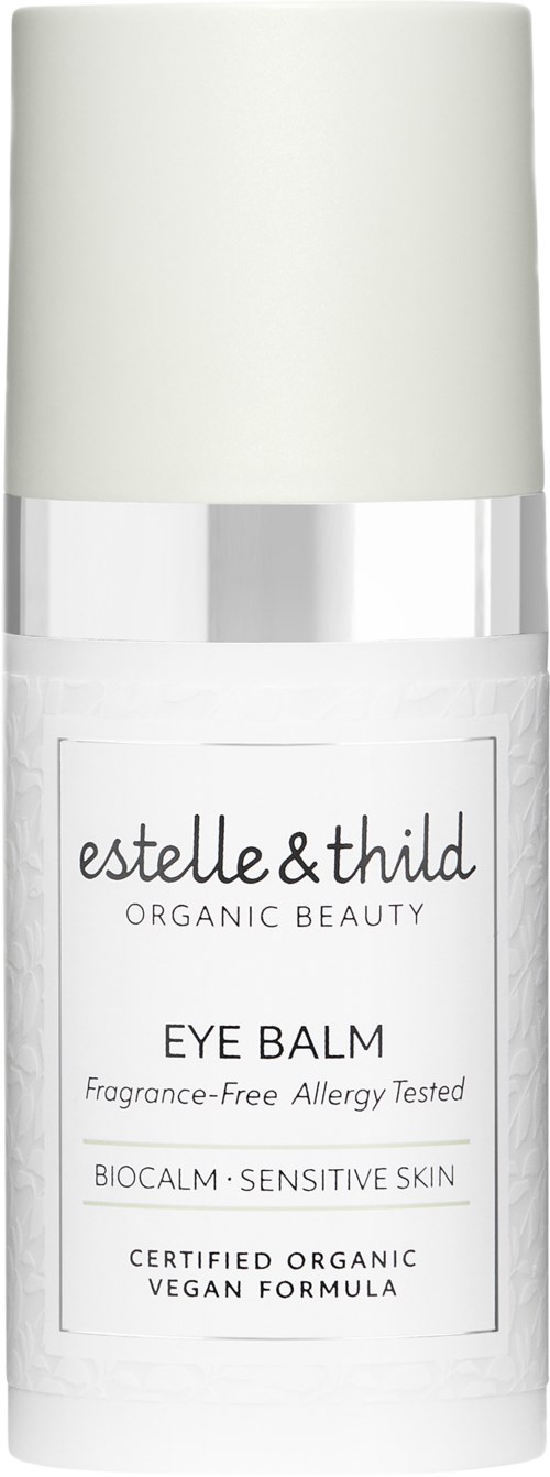 Een witte fles met estelle & thild Eye Balm en witte dop, geschikt voor gevoelige huid. Het is biologisch en geurvrij.