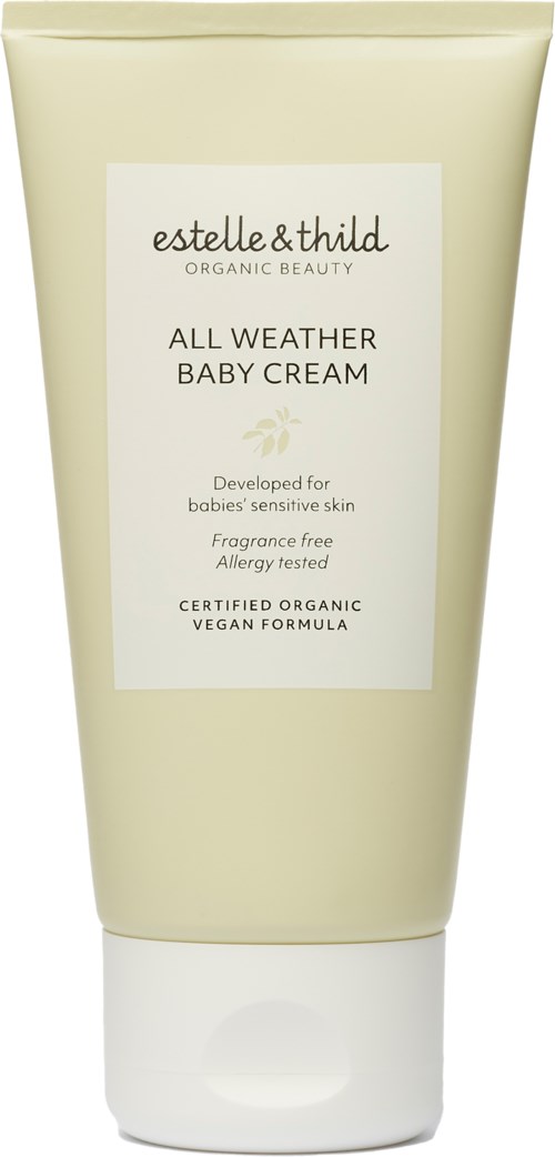 Ein weiches gelbes Tuben mit weißem Etikett, Text über Babycreme für empfindliche Haut, biologisch, vegan, parfumfrei, allergietestet.