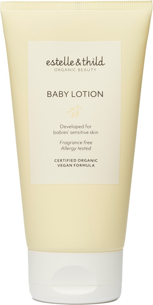 A cream-colored tube labeled 'Baby Lotion' by Estelle & Thild, indicates it's organic, fragrance-free, and suitable for sensitive skin.