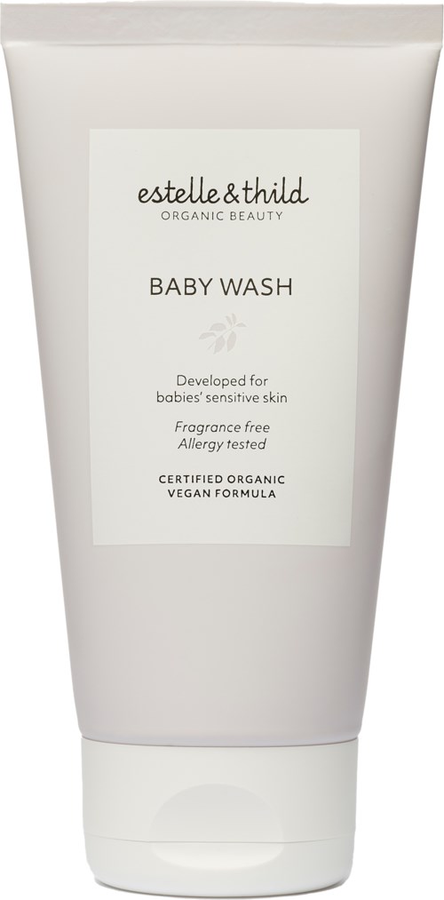 Eine weiße Tube mit dem Label Estelle & Thild Baby Wash, für empfindliche Haut, bio, vegan und frei von Duft.