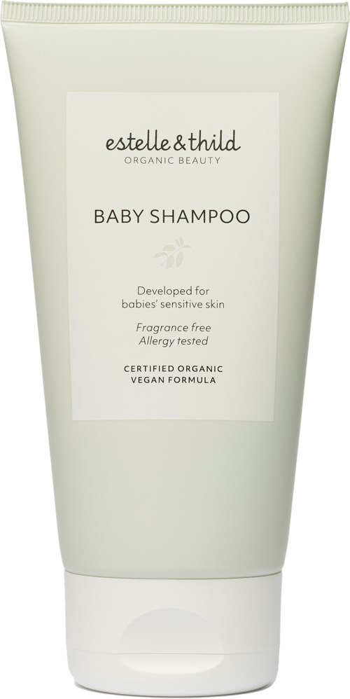 White baby shampoo tube with black text and simple design.