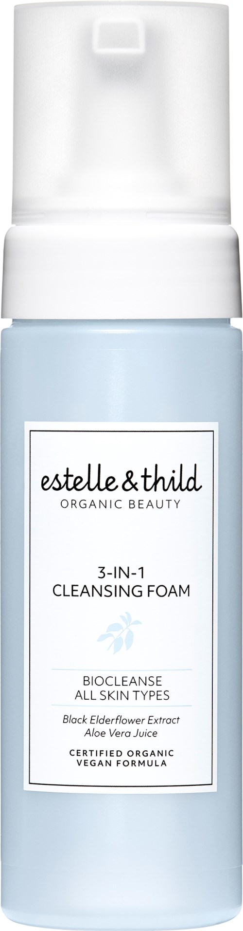 Een lichtblauwe fles met een witte spraydop, label 'estelle & thild' biologische reinigingsschuim, geschikt voor alle huidtypes.